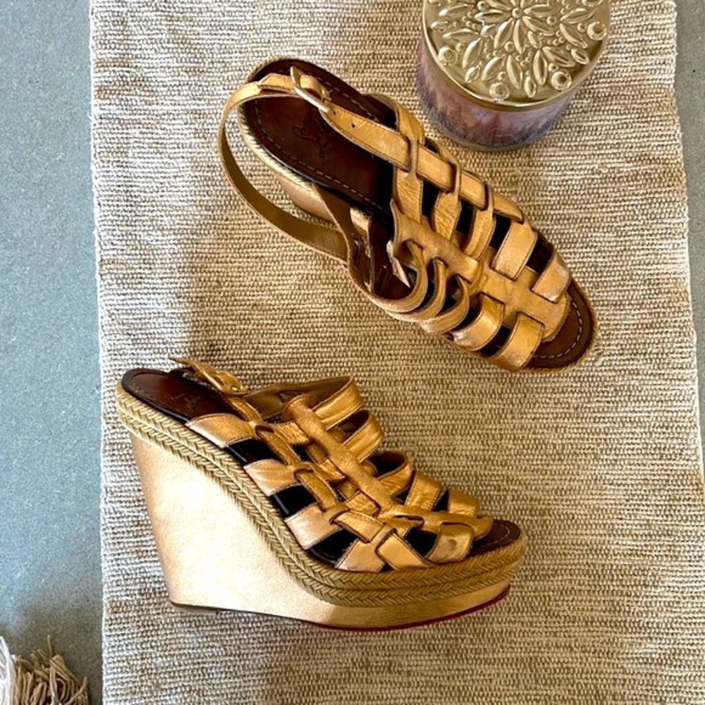AUTH. Christian Louboutin Espadrille leather wedge gladiators Size EU 41/ US 10